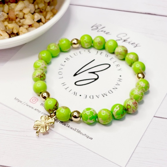 Stability Lime Green Sea Sediment Jasper & 14K Gold Coated Hematite Jewelry Set - Picture 5 of 6